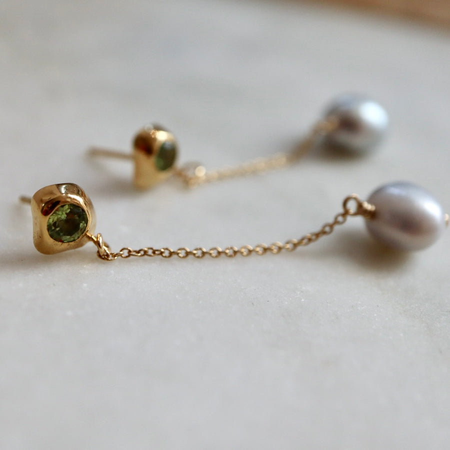 Peridot + Gray Pearl Kira Dangling Chain Earrings