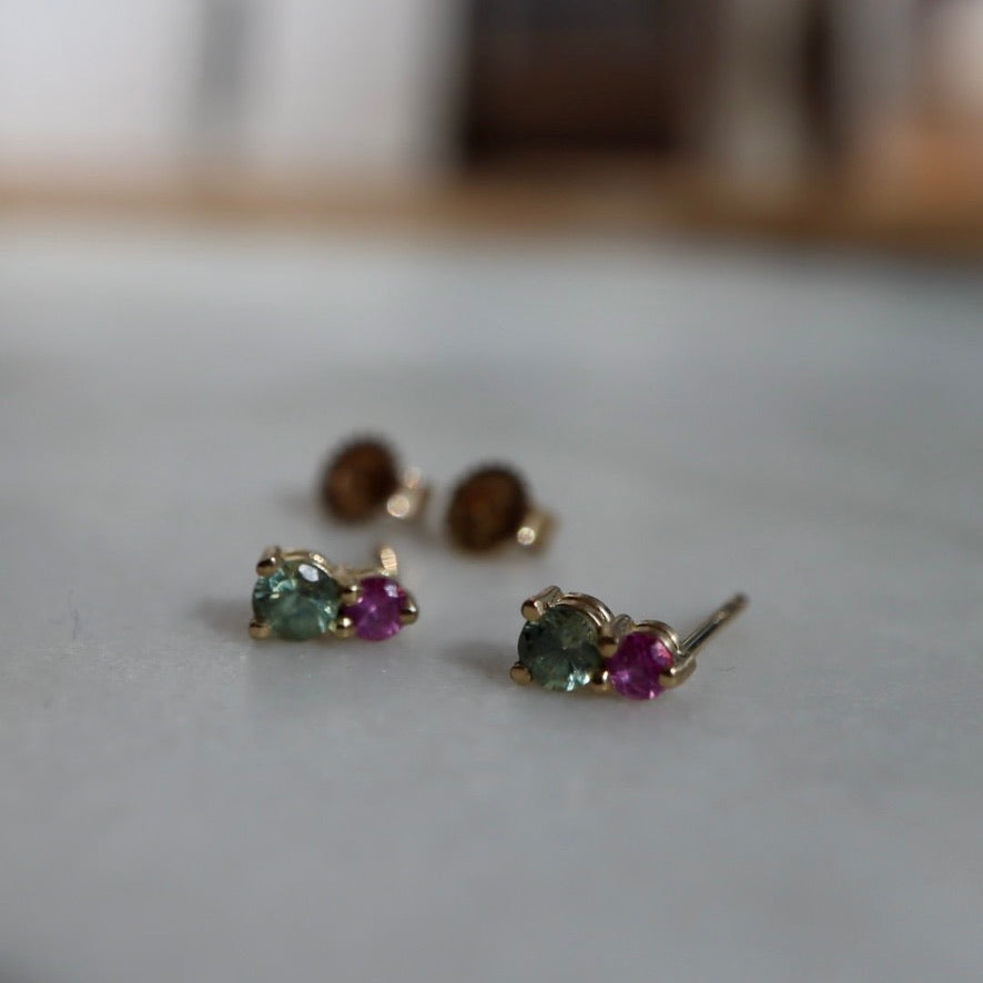 Green and Pink Sapphire Stud Earrings