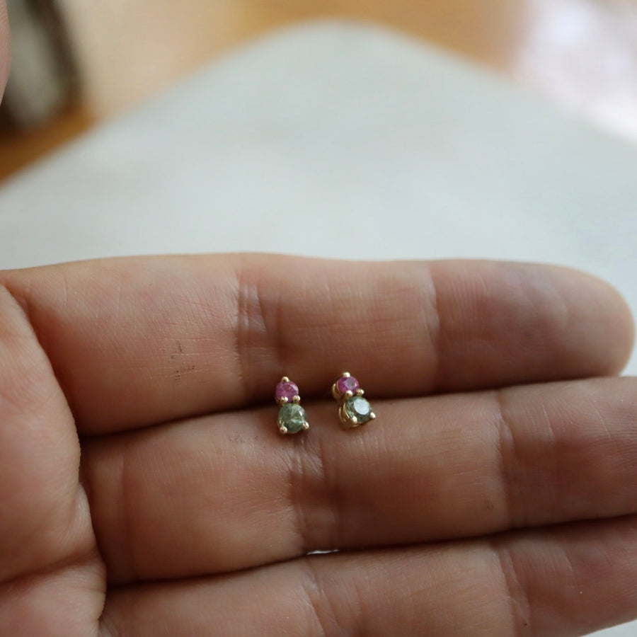 Green and Pink Sapphire Stud Earrings