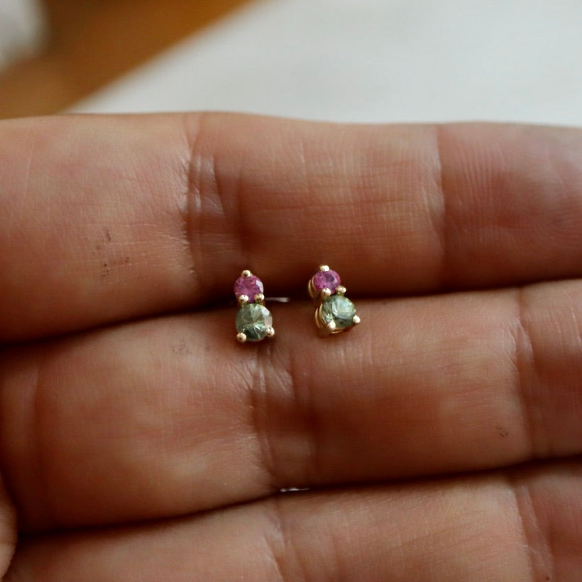 Green and Pink Sapphire Stud Earrings